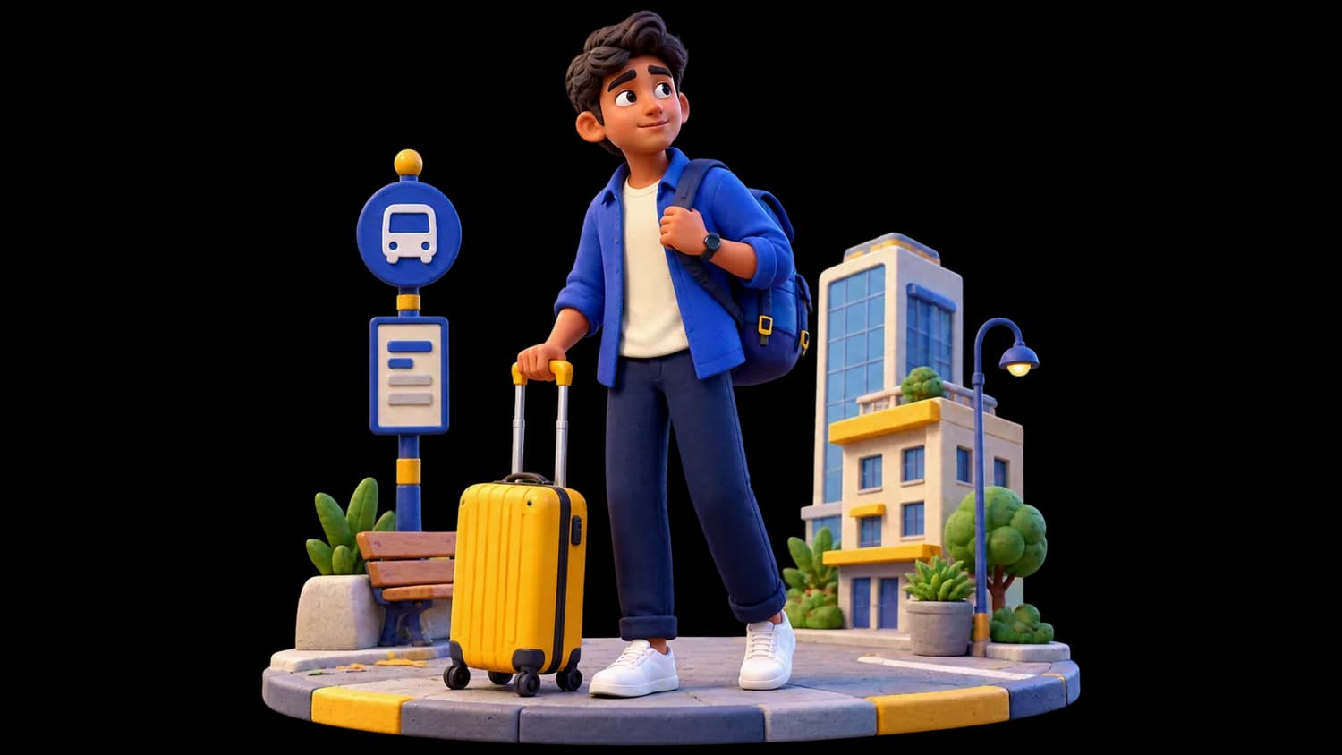 Clay student arriving in a new city with a backpack and suitcase